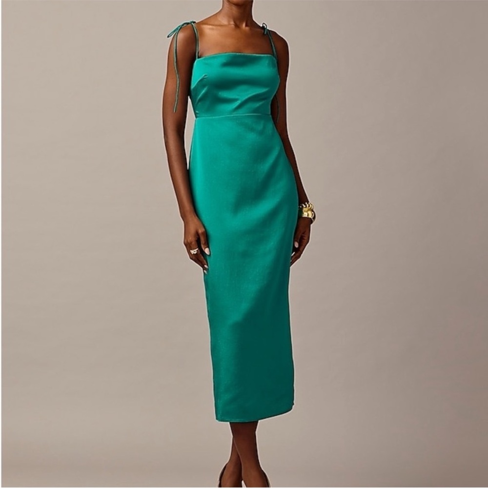 J.Crew Collection Tie Strap Midi Dress in Textured Satin - EverGreen Forest Sz 8